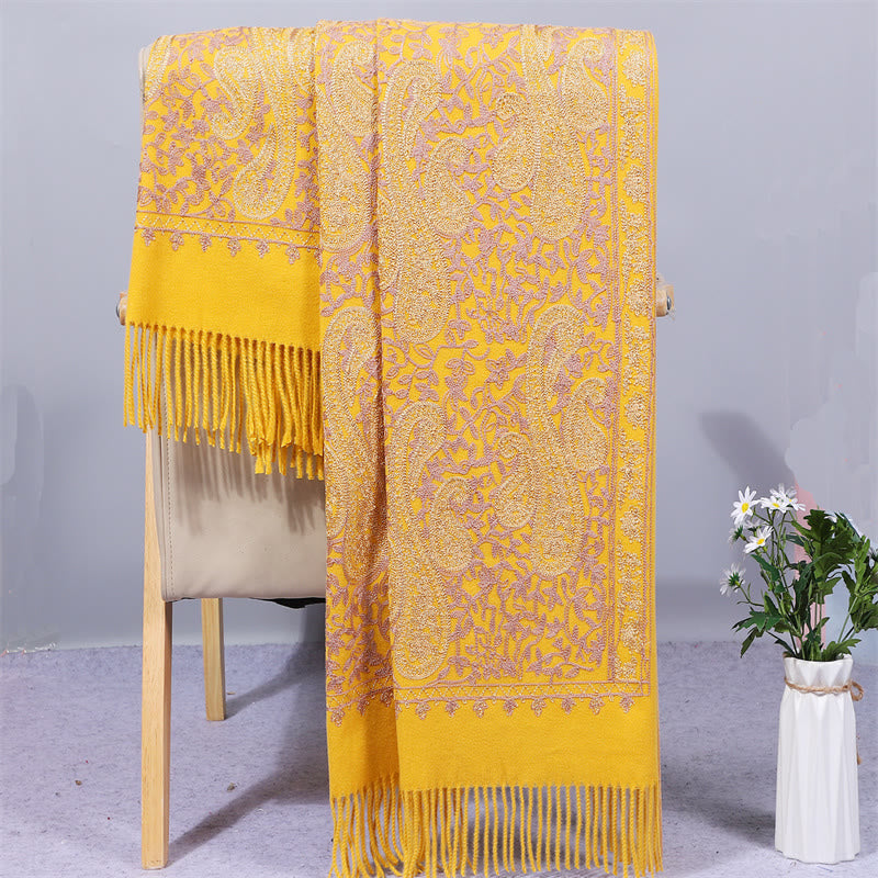 Buddhist Blessing Rayon Fabric Shawl Golden Cashew Flowers Embroidery Tassel Winter Cozy Travel Scarf Wrap
