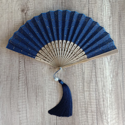 Buddhist Blessing Solid Color Hollow Flowers Embroidery Cotton Fabric Handheld Bamboo Folding Fan