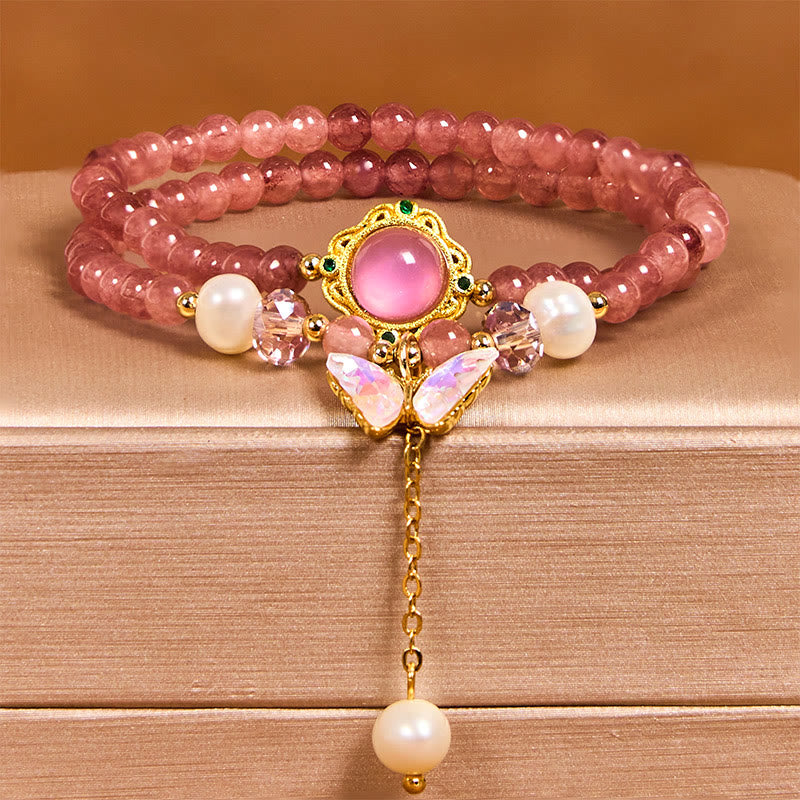 Buddhist Blessing Natural Strawberry Quartz Pearl Butterfly Water Drop Positive Double Wrap Bracelet