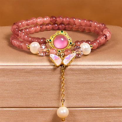 Buddhist Blessing Natural Strawberry Quartz Pearl Butterfly Water Drop Positive Double Wrap Bracelet
