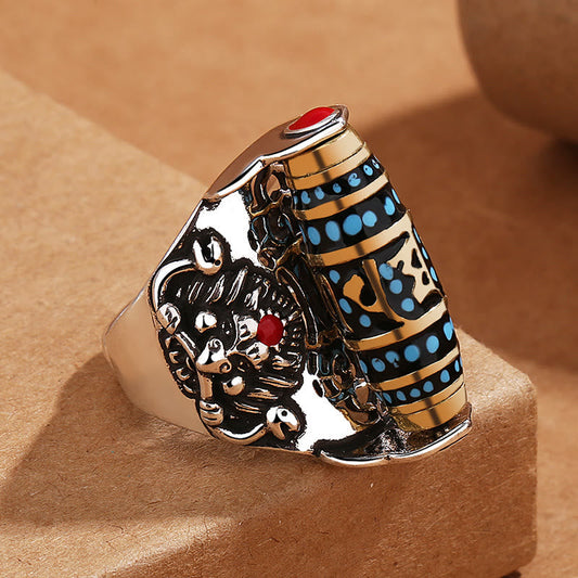 Buddhist Blessing Tibetan Om Mani Padme Hum Garuda Dzi Bead Pattern Peace Rotatable Ring