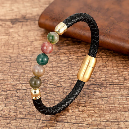 Buddhist Blessing Blue Agate Tiger Eye Lava Rock Black Onyx Lazurite Bead Protection Leather Bracelet