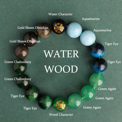 Buddhist Blessing Five Elements Various Agate Crystal Black Onyx Green Chalcedony Aquamarine Wisdom Bracelet