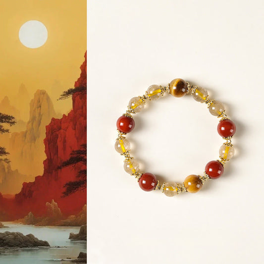 Buddhist Blessing Natural Golden Rutilated Quartz Tiger Eye Beads Wealth Bracelet