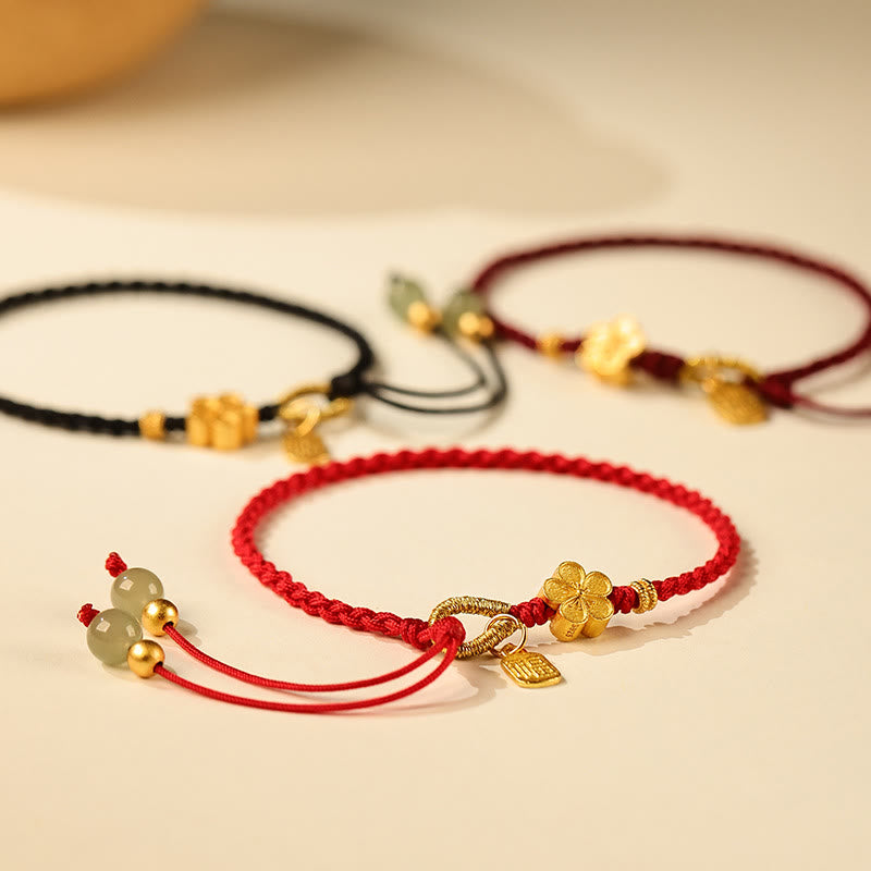 Buddhist Blessing Hetian Jade Small Peach Blossom Fu Character Charm Luck String Bracelet