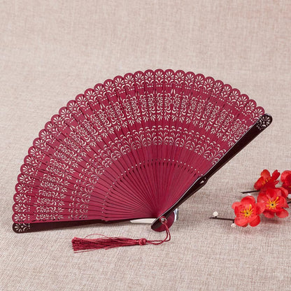 Buddhist Blessing Flower Engraved Hollow Handheld Bamboo Folding Fan 18cm