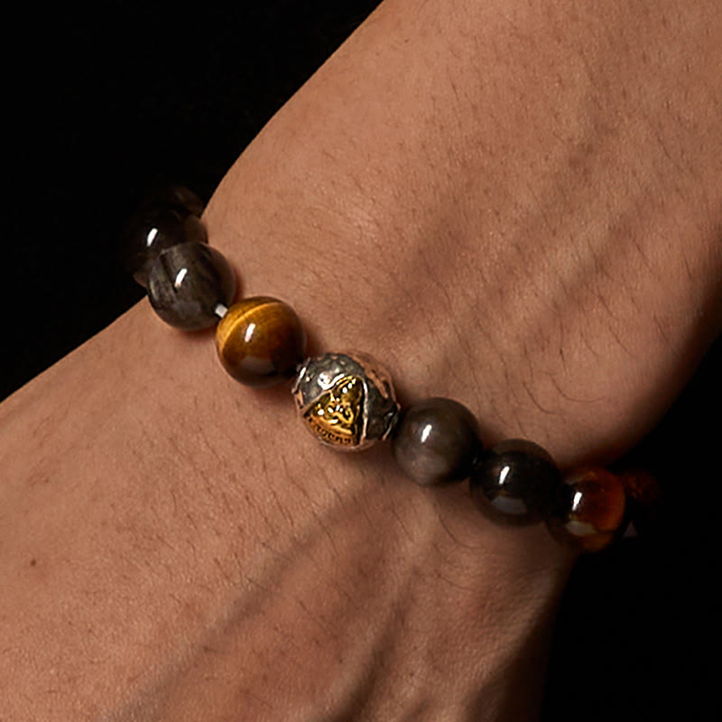 Buddhist Blessing Natural Silver Sheen Obsidian Tiger Eye Three-Faced Buddha Protection Bracelet