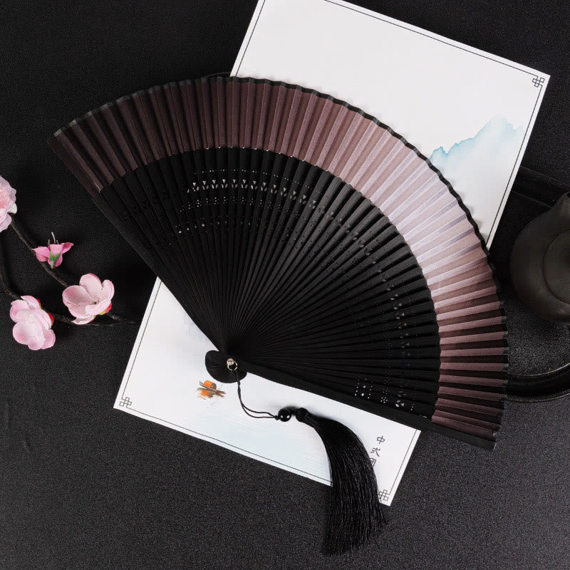 Buddhist Blessing Cranes Auspicious Clouds Solid Color Gradient Handheld Cotton Linen Fabric Bamboo Folding Fan