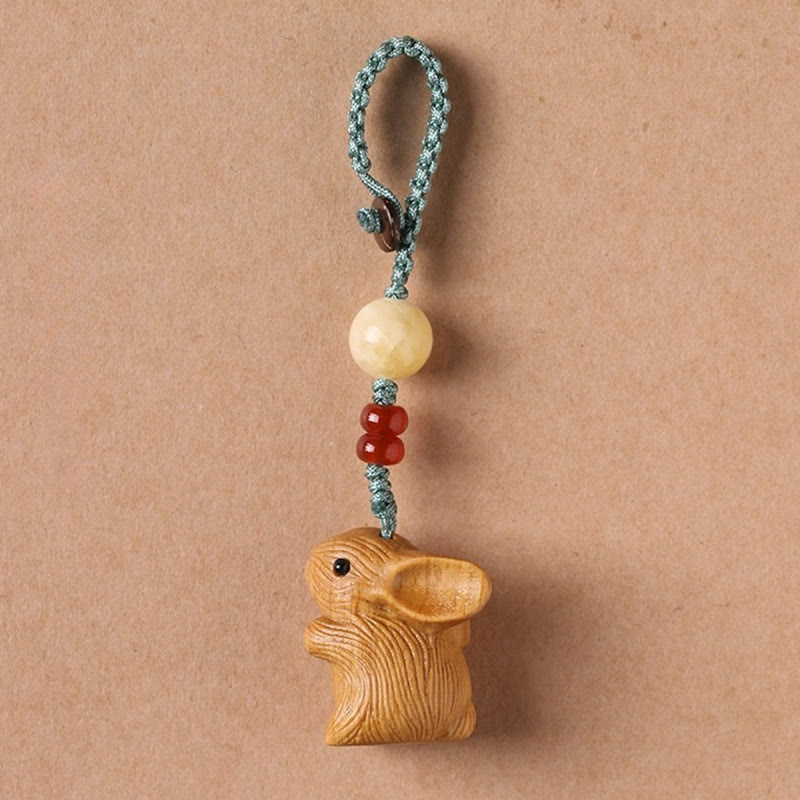 Buddhist Blessing Sandalwood Small Leaf Red Sandalwood Lucky Mini Rabbit Protection Key Chain Phone Hanging Decoration
