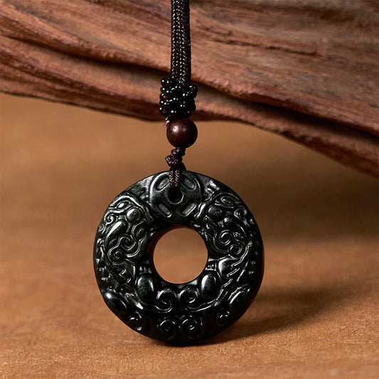 Buddhist Blessing Tibetan Nanyang Black-Green Jade PiXiu Peace Buckle Protection Necklace Pendant