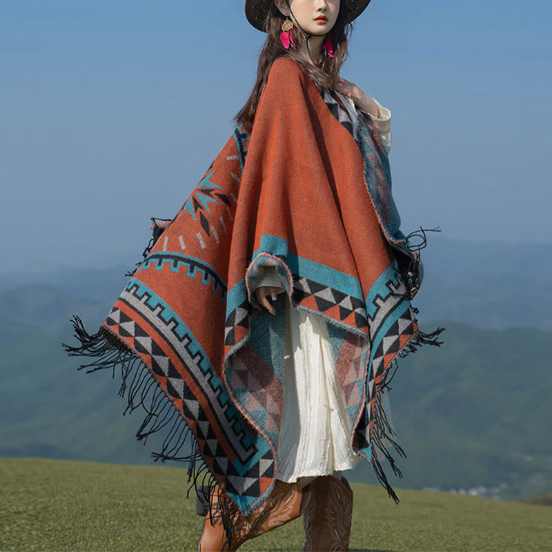 Buddhist Blessing Tibetan Orange Geometric Rhombus Pattern Tassels Shawl Fall Winter Warm Scarf Wrap