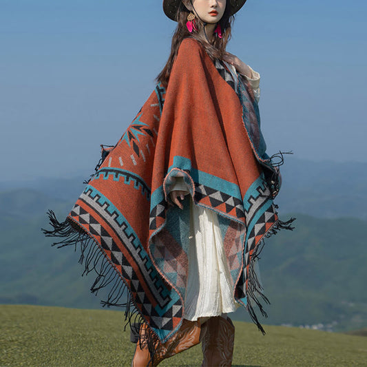 Buddhist Blessing Tibetan Orange Geometric Rhombus Pattern Tassels Shawl Fall Winter Warm Scarf Wrap