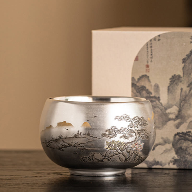 Buddhist Blessing Fish Lotus Seaweed Valley Mountains Pine Tree Dragon Teacup Kung Fu Tea Cup With Gift Box
