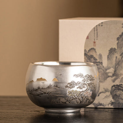 Buddhist Blessing Fish Lotus Seaweed Valley Mountains Pine Tree Dragon Teacup Kung Fu Tea Cup With Gift Box
