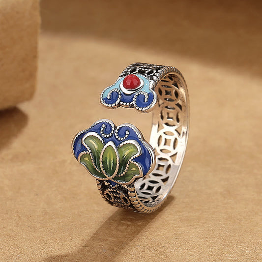 Buddhist Blessing Lotus Flower Copper Coins Ruyi Handle Pattern Enlightenment Adjustable Ring