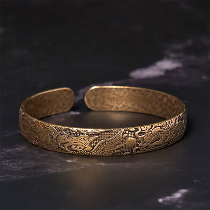 Buddhist Blessing Dragon And Phoenix Playing With A Pearl Carved Copper Brass Luck Protection Bracelet Bangle