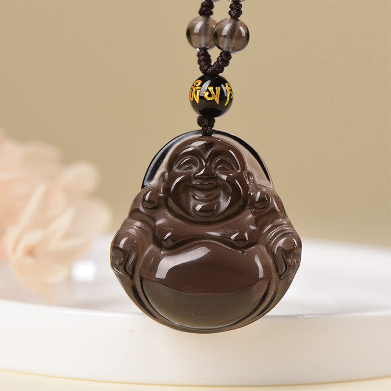 Buddhist Blessing Natural Black Obsidian Ice Obsidian Laughing Buddha Purification Necklace Pendant