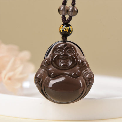 Buddhist Blessing Natural Black Obsidian Ice Obsidian Laughing Buddha Purification Necklace Pendant