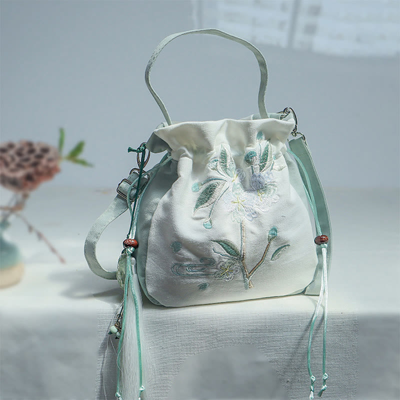 Buddhist Blessing Embroidered Green Pear Blossom Canvas Tote Crossbody Bag Shoulder Bag Handbag