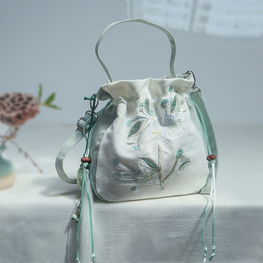 Buddhist Blessing Embroidered Green Pear Blossom Canvas Tote Crossbody Bag Shoulder Bag Handbag