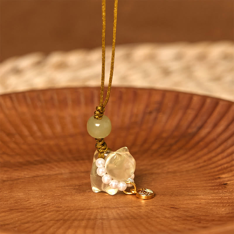 Buddhist Blessing Pink Crystal Amethyst Citrine Pearl Fu Character Lucky Kitten Warmth Phone Hanging Decoration