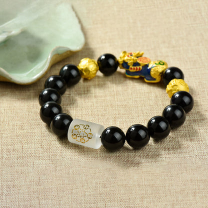 Buddhist Blessing Fengshui Copper Pixiu Rainbow Obsidian Beads Wealth Bracelet