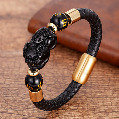 Buddhist Blessing Tiger Eye Black Onyx Red Agate PiXiu Copper Coin Om Mani Padme Hum Strength Leather Bracelet