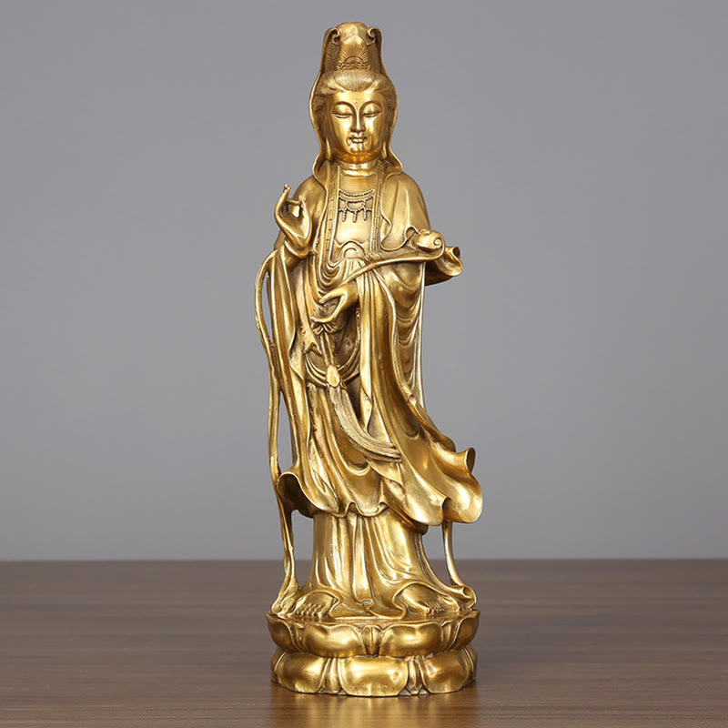 Buddhist Blessing Golden Standing Kwan Yin Avalokitesvara Wealth Brass Copper Statue Home Desk Decoration