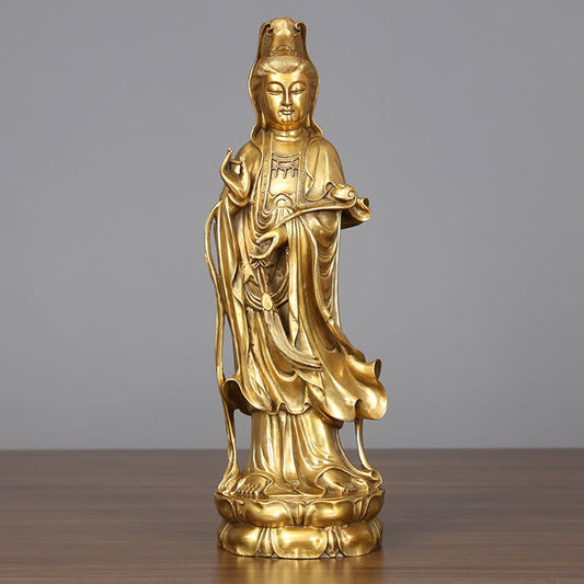 Buddhist Blessing Golden Standing Kwan Yin Avalokitesvara Wealth Brass Copper Statue Home Desk Decoration