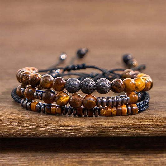 Buddhist Blessing 3Pcs Tiger Eye Lava Rock Protection Bracelet Set