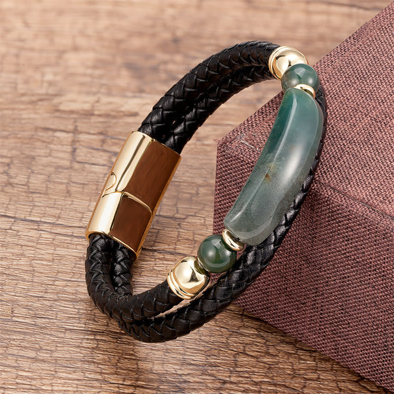 Buddhist Blessing Green Aventurine Tiger Eye Green Agate Black Onyx Hematite Stone Luck Leather Magnetic Buckle Bracelet