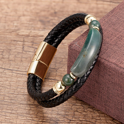Buddhist Blessing Green Aventurine Tiger Eye Green Agate Black Onyx Hematite Stone Luck Leather Magnetic Buckle Bracelet