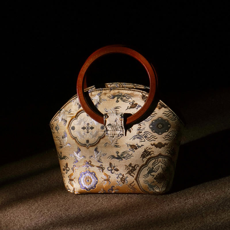 Buddhist Blessing Crane Deer Seawater Wave Wood Handle Metal Chain Change Purse Crossbody Bag Hangbags