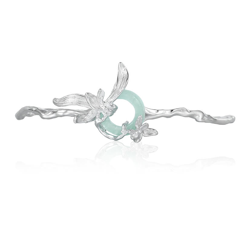 Buddhist Blessing 925 Sterling Silver Iris Peace Buckle Quartzite Jade Protection Bracelet Bangle