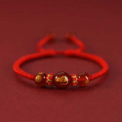 Buddhist Blessing Handmade Red Agate Chinese Zodiac Red String Braided Protection Bracelet
