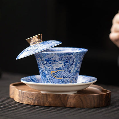 Buddhist Blessing Thangka Dragon Buddhas Dunhuang Ceramic Gaiwan Sancai Kung Fu Tea Cup And Saucer With Lid Gift Box 180ml