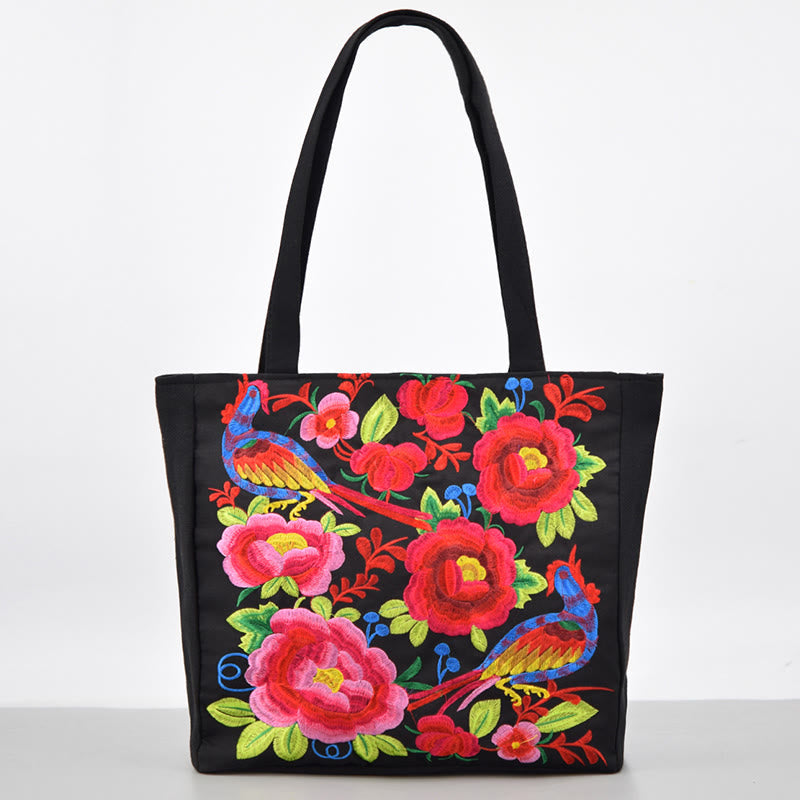 Buddhist Blessing Galsang Magpie Peony Camellia Chrysanthemum Embroidery Canvas Shopping Purse Handbag Shoulder Bag