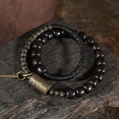 Buddhist Blessing Ebony Wood Copper Brass Vintage Bead Cone Double Wrap Balance Bracelet