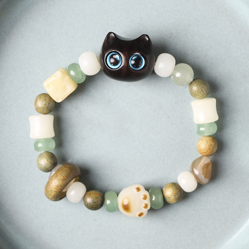 Buddhist Blessing Bodhi Seed Green Sandalwood Ebony Wood Small Leaf Red Sandalwood Cat Head Paw Claw Peace Bracelet