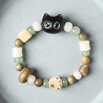 Buddhist Blessing Bodhi Seed Green Sandalwood Ebony Wood Small Leaf Red Sandalwood Cat Head Paw Claw Peace Bracelet