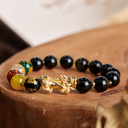 Buddhist Blessing Natural Gold Sheen Obsidian PiXiu Five Directions Gods of Wealth Protection Bracelet