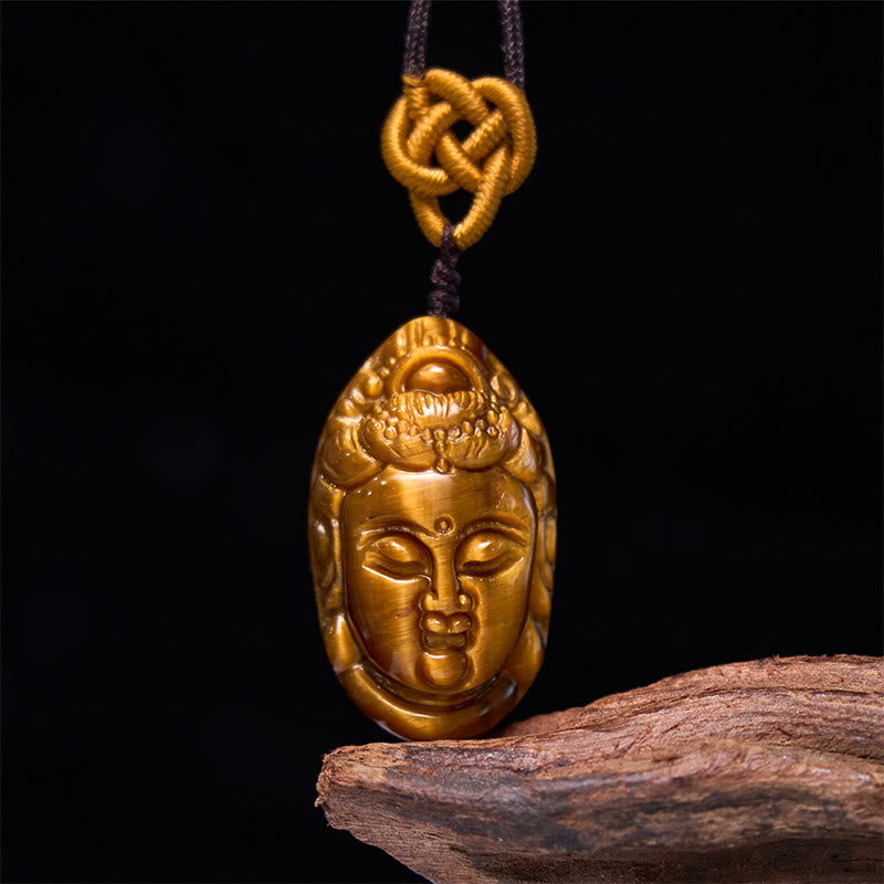 Buddhist Blessing Tiger Eye Kwan Yin Avalokitesvara Head String Strength Necklace Pendant