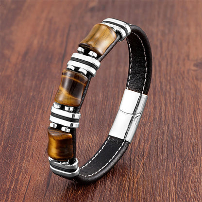 Buddhist Blessing Tiger Eye Three Bamboo Stone Protection Power Leather Bracelet