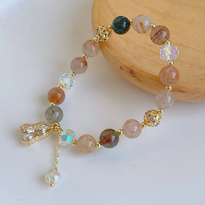 Buddhist Blessing Sun Stone Colorful Rutilated Quartz Wealth Peanut Charm Bracelet