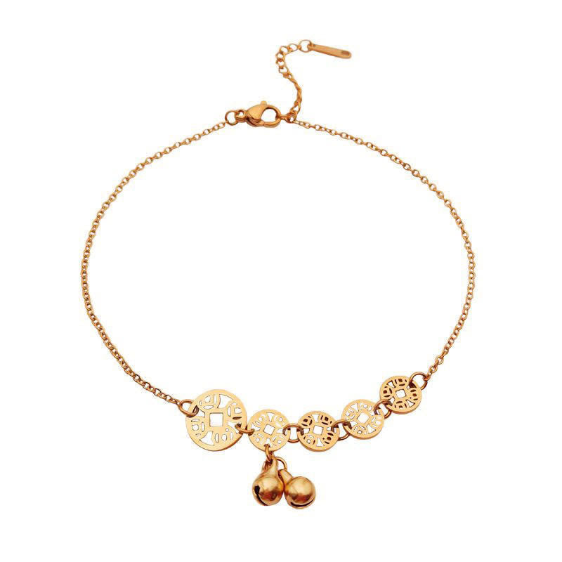 Buddhist Blessing Copper Coins Bell Charm Titanium Steel Strengthen Anklet