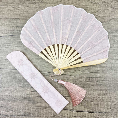 Buddhist Blessing Retro Large Flower Embroidery Shell Shape Tassels Handheld Bamboo Folding Fan