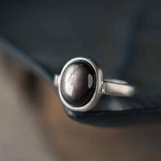 Buddhist Blessing Natural 925 Sterling Silver Silver Sheen Obsidian Adjustable Protection Ring