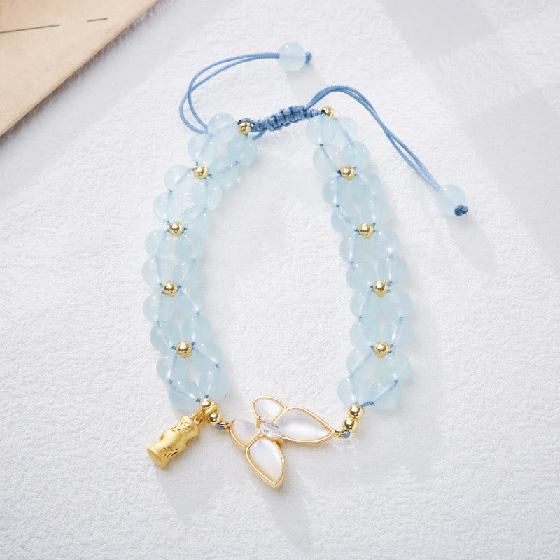 Buddhist Blessing Natural Aquamarine Amethyst Moonstone Butterfly Bamboo Healing Bracelet