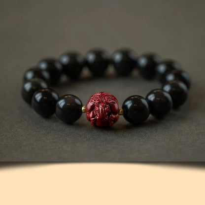 Buddhist Blessing Chinese Zodiac Natural Black Obsidian Cinnabar Purification Bracelet