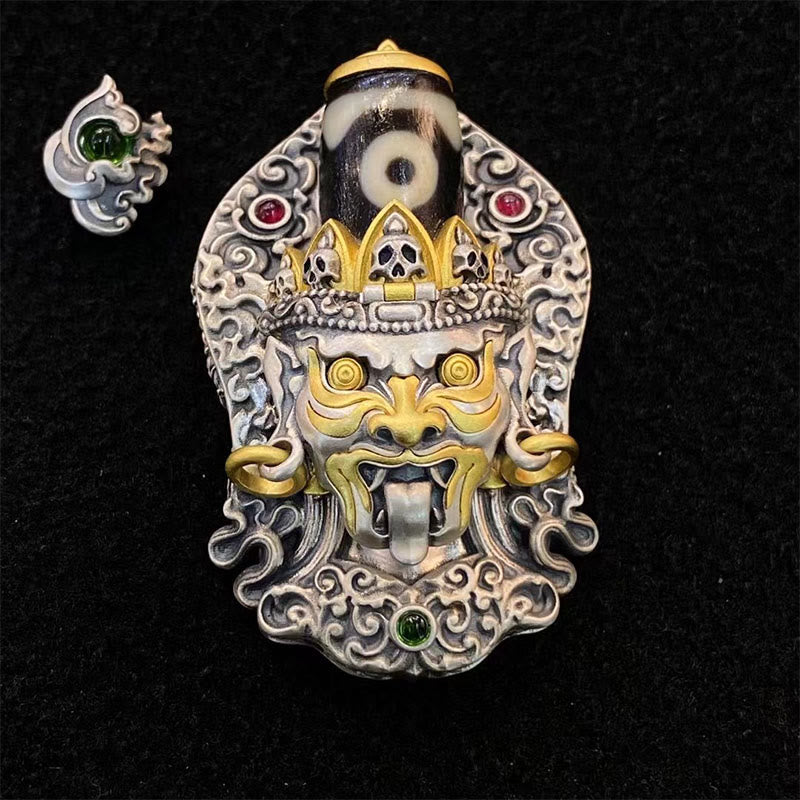 Buddhist Blessing 925 Sterling Silver Tibetan Zakiram Goddess of Wealth Dzi Bead Protection Necklace Pendant